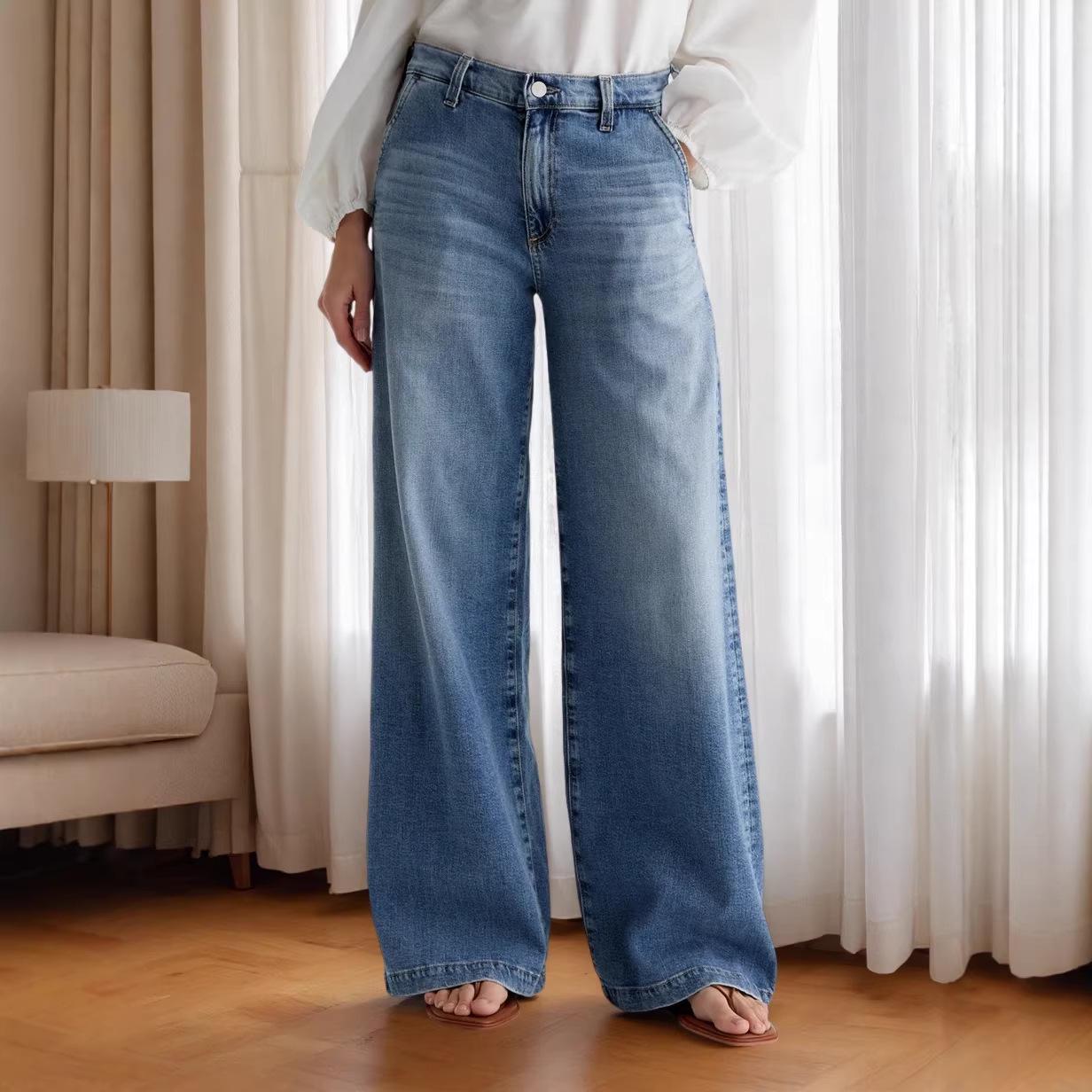 

Y2K Retro Wide-Leg Elastic Jeans for Women - Casual Mid-Rise Straight-Leg Pants 0XL светло-синий