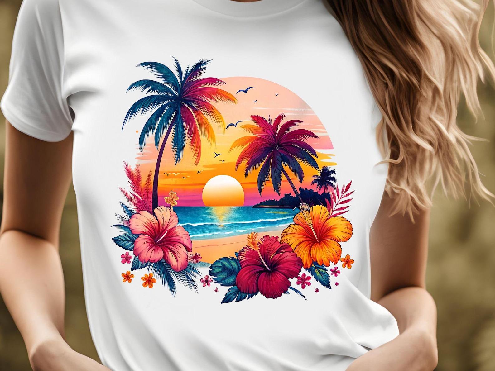 Tropical Sunset Tee, Beach Vibes T-Shirt, Unisex Summer Shirt, Vacation Wear, Floral Graphic Tee, Vacation Gift 4XL