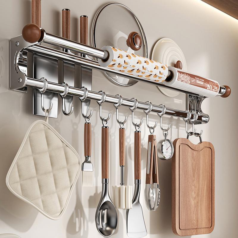 Wall-Mounted Multi-Functional Kitchen Rack: Knife Holder, Pot, Spatula & Spoon Storage, Punch-Free Installation