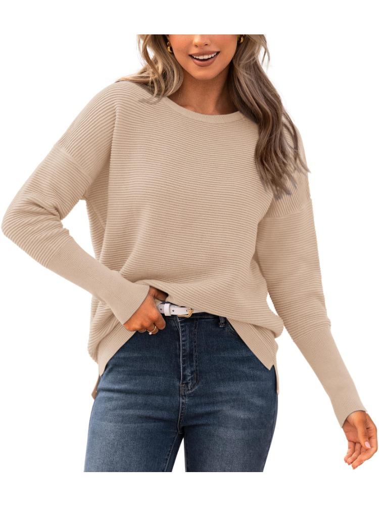 Autumn Winter Women's Sweater Long Sleeve Ribbed Knit Pullover Loose Round Neck Batwing Split Luxurious Relaxed-fit Slimming and Versatile Top