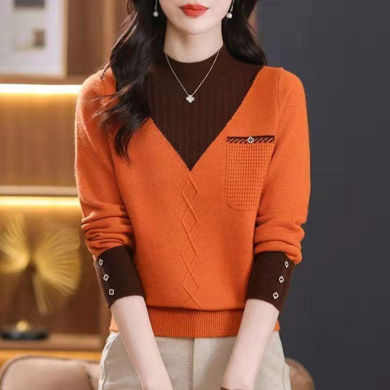 Medium mother bottoming shirt, semi-turtleneck color matching sweater, new autumn and winter models with thickened knitted tops