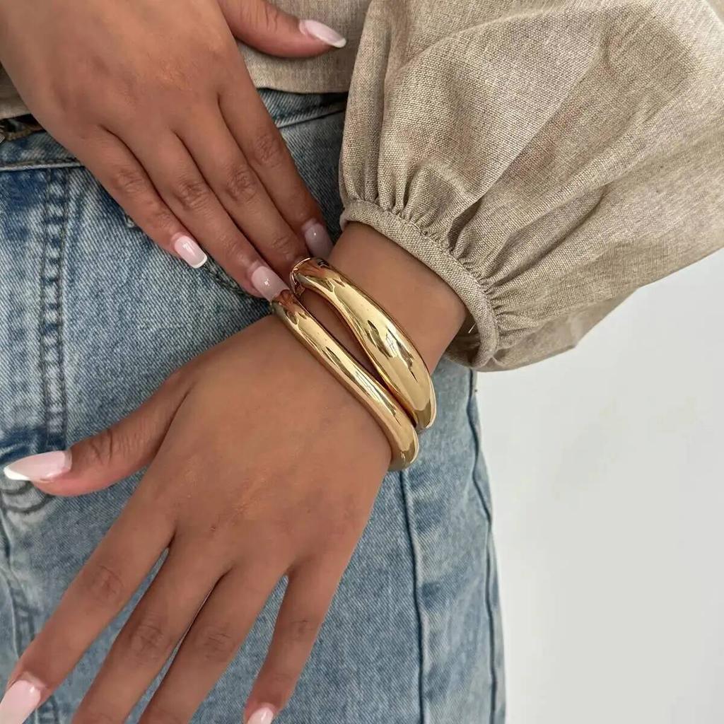 IngeSight.Z 2 Styles HipHop Metal Water Drop Cuff Bangle Bracelet Women Punk Gold Color Geometric Stacking Spring Bangle Jewelry
