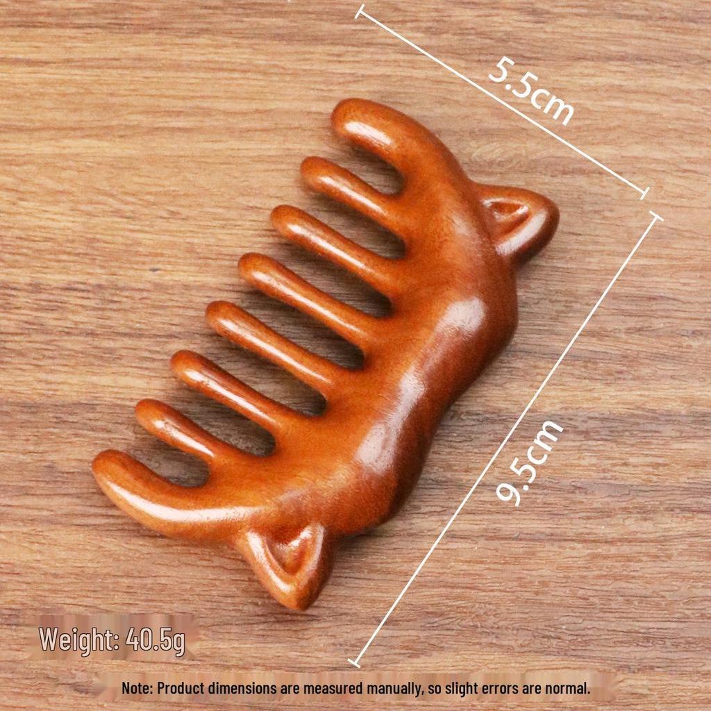 Golden Sandalwood Massage Comb: Five-Tooth, Round Ball Head, Small Solid Wood Comb for Scalp & Neck.