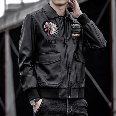 New Autumn and Winter Velvet Thickened Embroidered Leather Motorcycle Jacket