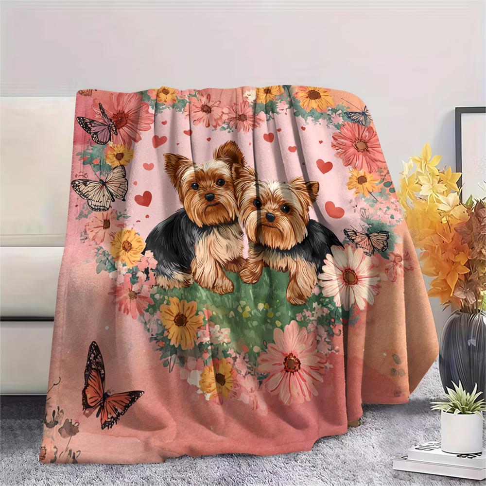 Yorkshire Terrier and Hearts pattern Flannel Blanket, High quality Comfortable for All Seasons, Home Decor, Warmth and Comfort, Perfect for Gifts.