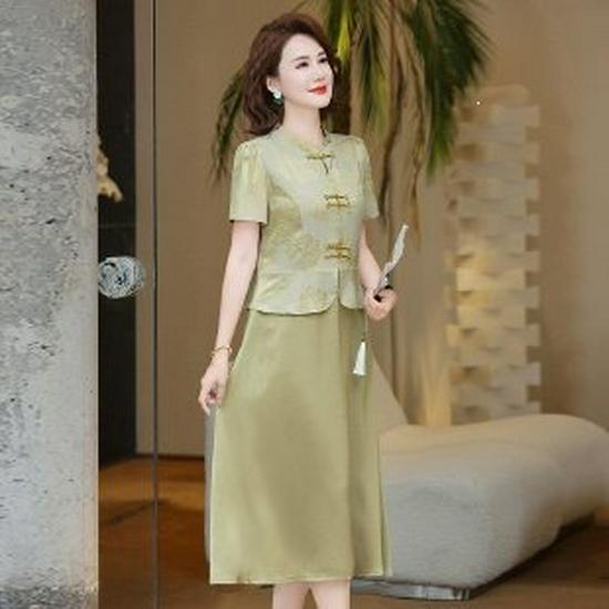 

Mom s Summer New Chinese-Style Short Sleeve Dress for Middle-Aged and Elderly Women, Loose and Fashionable Belly-Covering Skirt. XL зелений