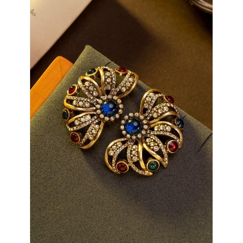Vintage Colored Rhinestone Inlaid With Flower Earrings Light Luxury Retro Style Medieval Hollowed Out