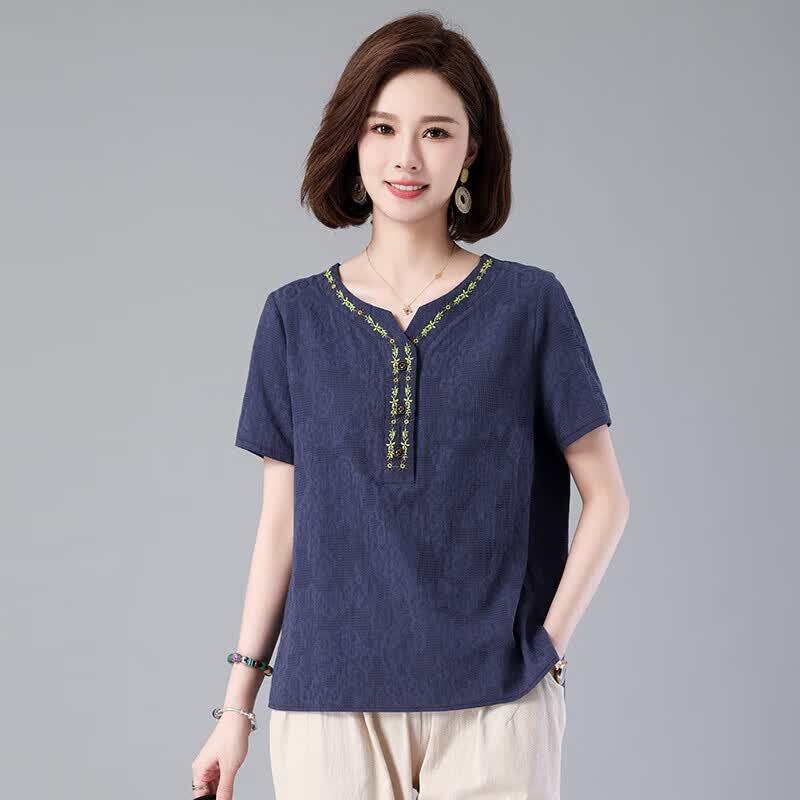 Xuexi Women s Elegant Cotton Linen Short Sleeve Top XL