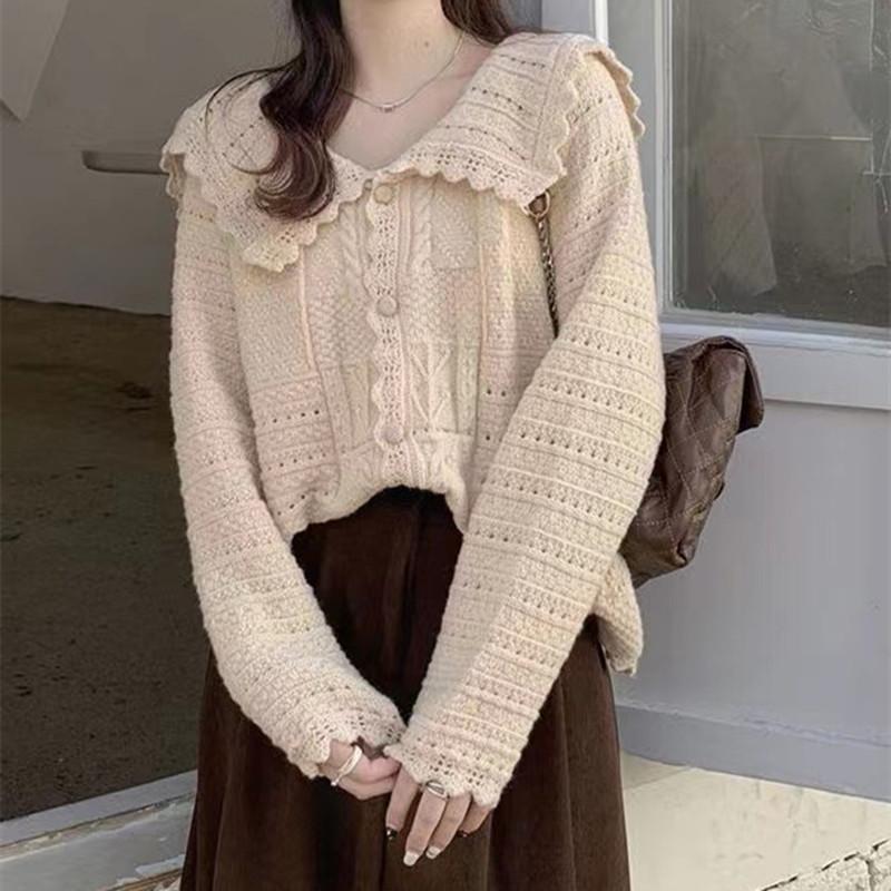 Autumn New Sweater Korean Version Loose Temperament Versatile Navy Collar Sweet Hollow Knitted Cardigan Jacket Top Women