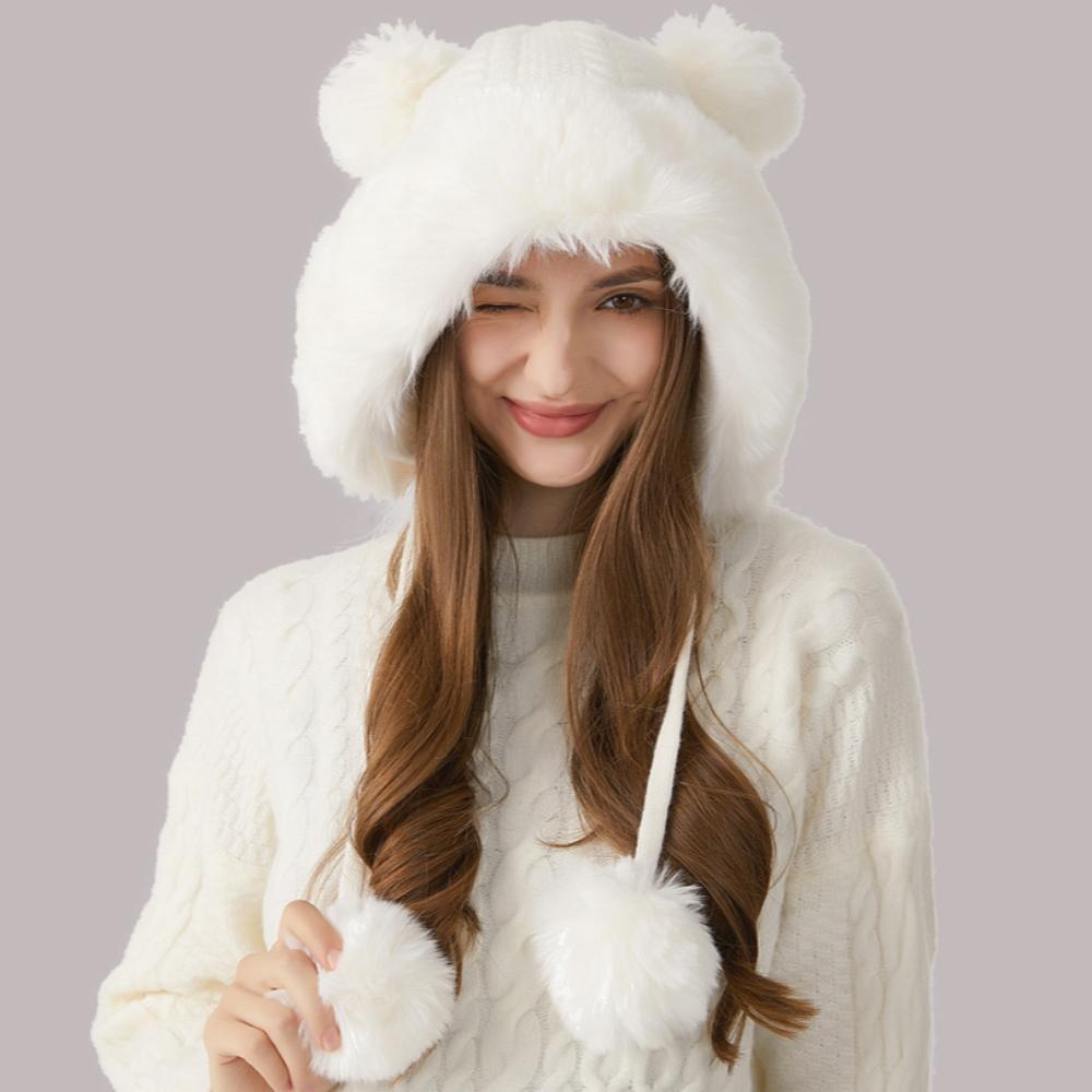

Вязаная шапка с густым меховым воротником и витым меховым шариком, вязаная шапка для женщин, зимняя шерстяная шапка для отдыха на природе M（56-58cm） белый