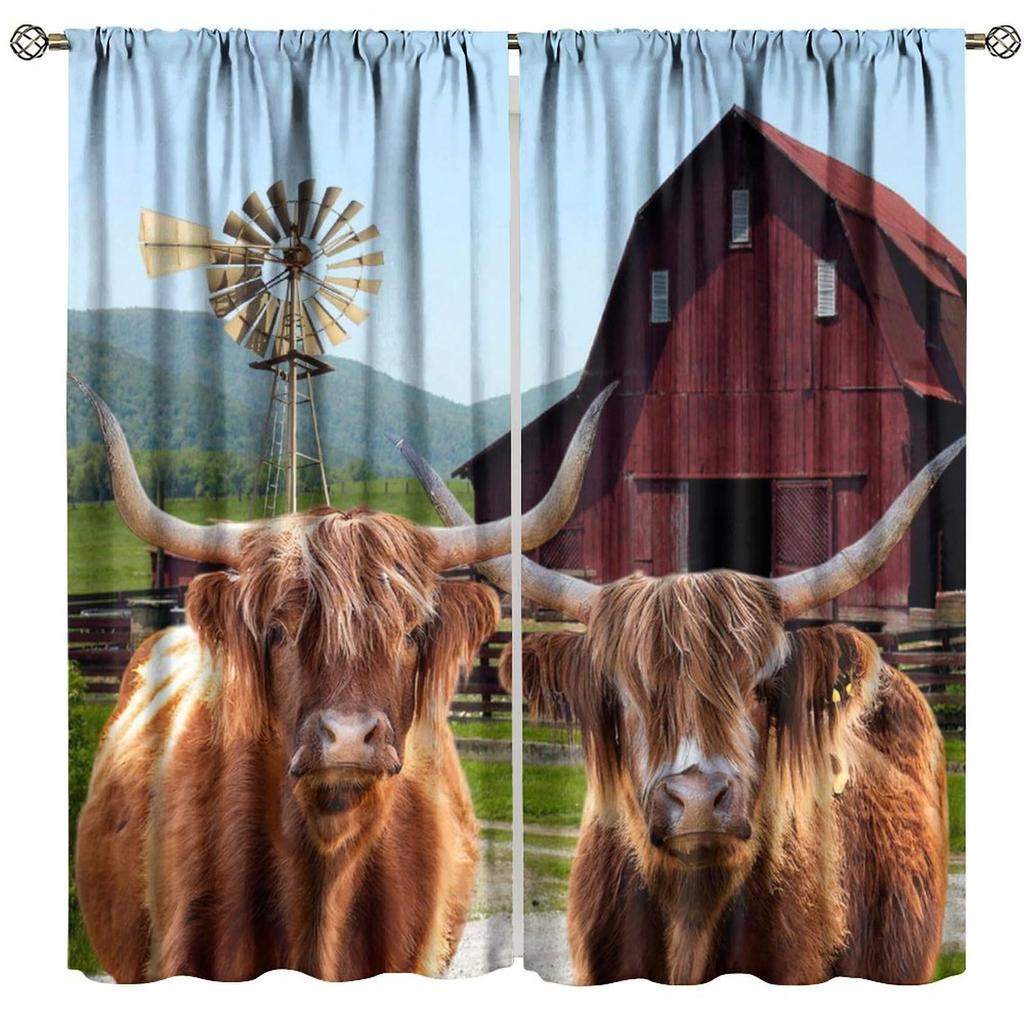 Farmhouse Cow Curtain Funny Animal Butterfly Sunflower Cow Curtains for Western Barn Door Printed Rod Pocket Window Treatments