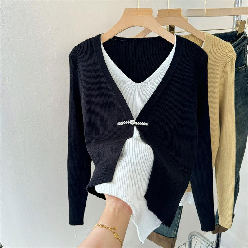 

DAFIFY Женская мода повседневная осень-зима однотонный принт длинный рукав V-образный вырез свитера Size: One Size чёрный