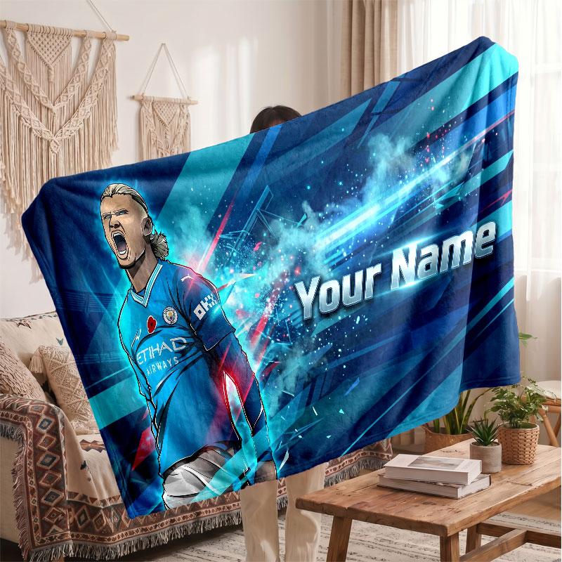 Erling Haaland Personalized Fleece Blanket With Football Logo, Custom Name Text Soft Warm Home Throw Blanket