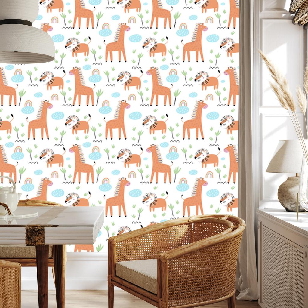Wallpaper Safari Animals Lions Rainbows for Living Room and Bedroom 50x1000