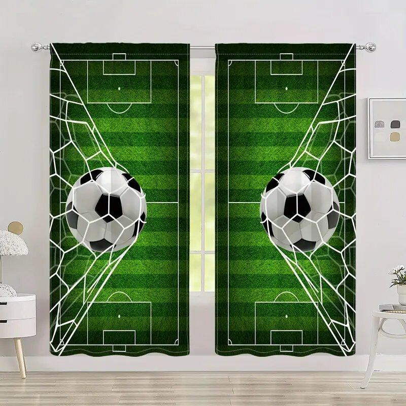 2 Stück - Vorhänge mit Fußballmusterdruck   Fensterdekorationen   Heimdekorationen   Raumdekorationen