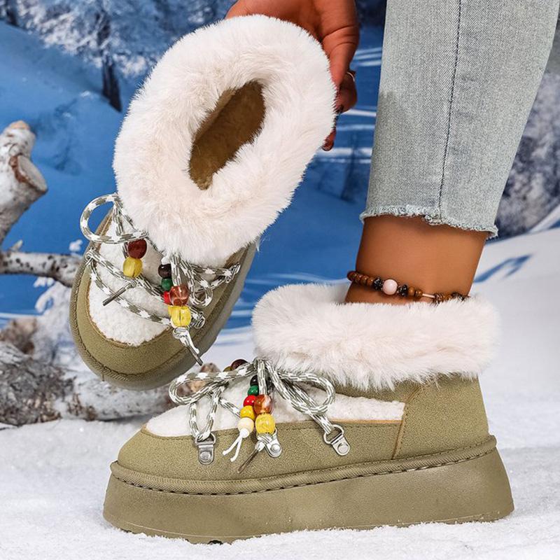 Bohemian Lace Up String Bead Snow Boots Women Winter Soft Faux Fur Warm Ankle Boots Woman Plus Size36-43 Platform Botas Mujer