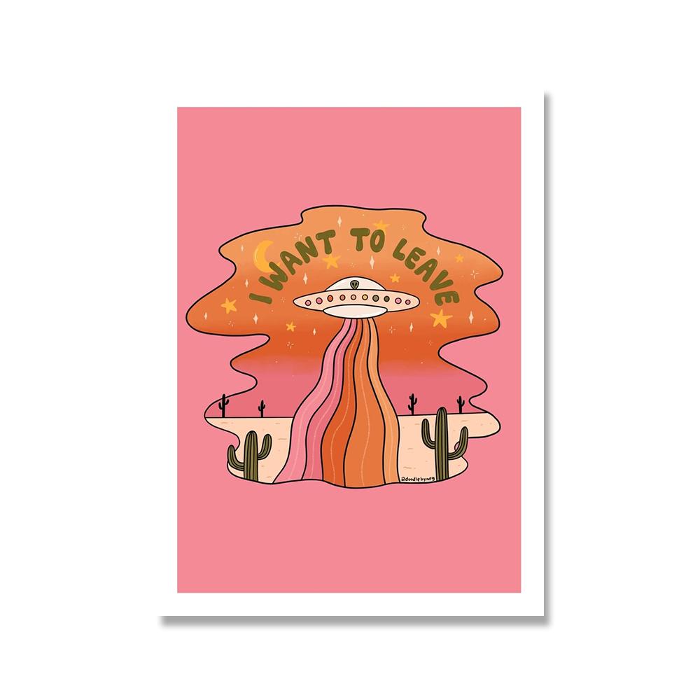 Przytulny abstrakcyjny plakat ścienny sztuka drukuj przyszłość wszechświat marzycielka dziewczyna kaktus różowy pomysł podróż pocztówki płótno malarstwo wystrój domu