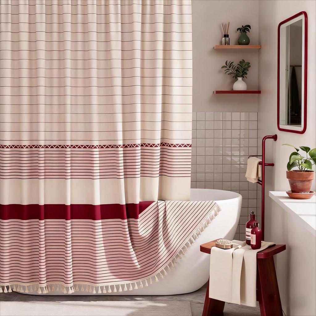 Simple Tassel Striped Bathroom Curtain – Printed Bamboo Joint Fabric, Privacy Shower Partition, Waterproof & Heavy Duty (Hooks Included)