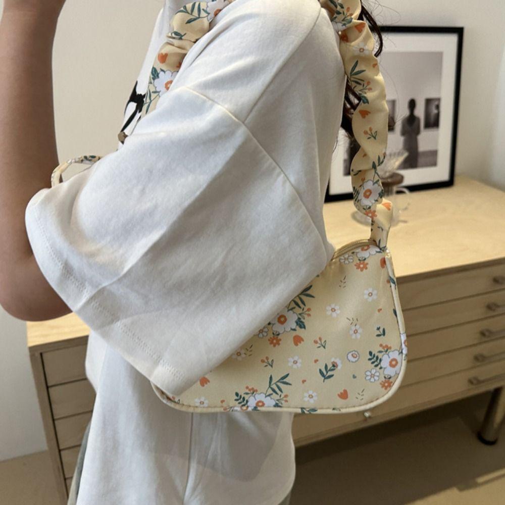 Elegant Flower Pattern Printing Shoulder Bag Bow Wrinkle Sweet Canvas Bag Underarm Bag Large Capacity Lovely Tote Bag Travel
