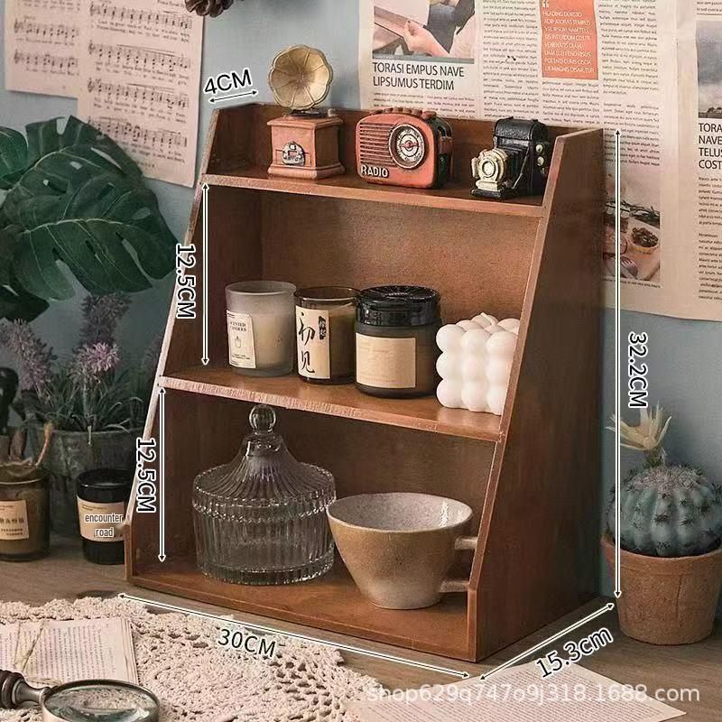 Zakka Wall-Mounted Wooden Desk Organizer - Multi-layer Retro Storage Rack