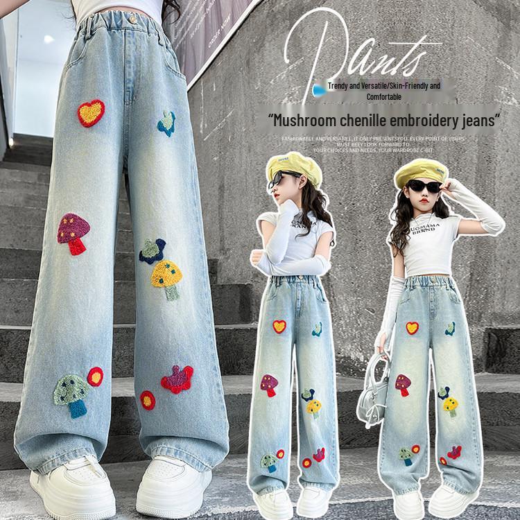 

Весна 2025 Джинсы клеш для девочек: Модные брюки свободного кроя для больших детей 120 cm