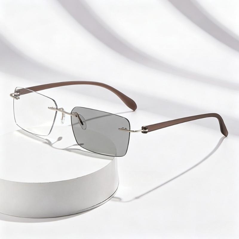 Luxury Metal Frameless Photochromic Reading Glasses Fashionably Lightweight Business Blue Light Blocking Eyewear 0 To +4.0