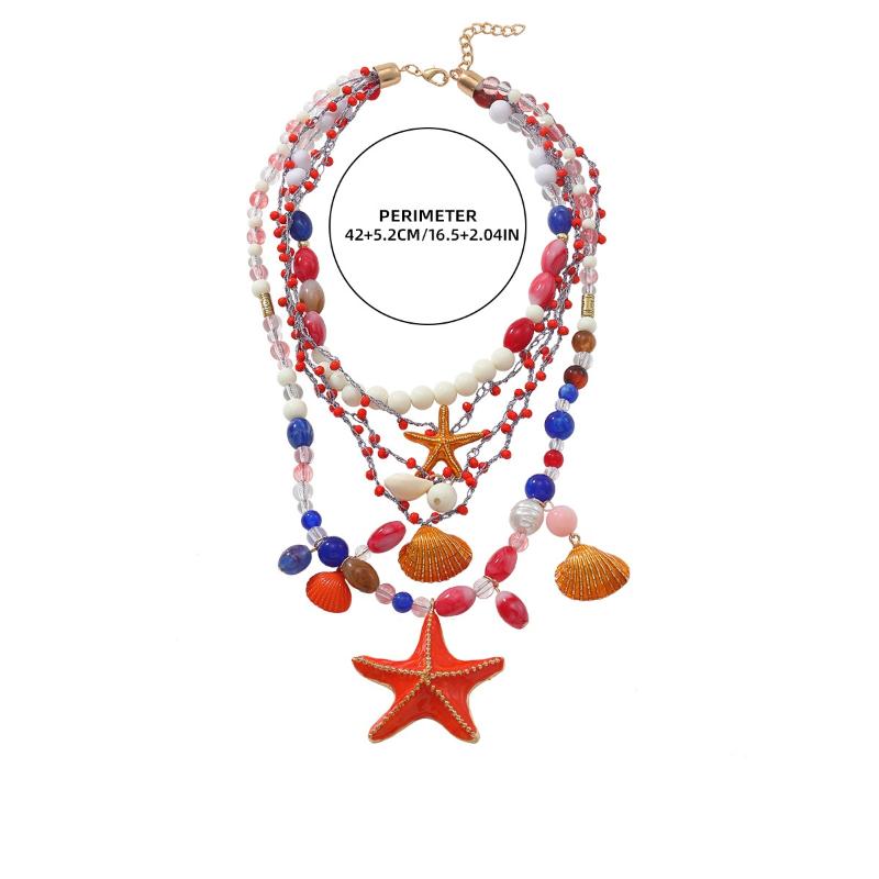 Multi-Layer Hand Woven Beaded Starfish Shell Necklace For Women Summer Ocean Vacation Style Party Jewelry Neck Accessories