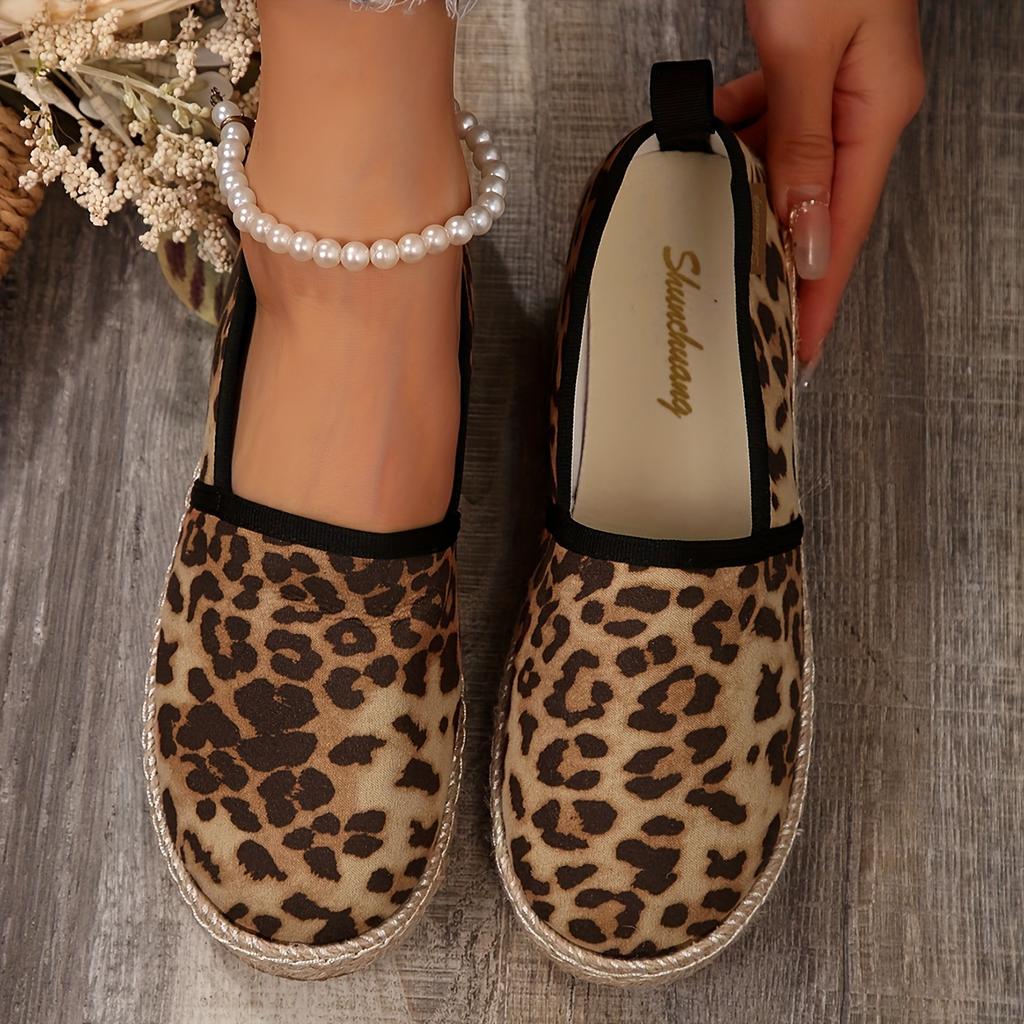 Women'S Classic Leopard Print Flat Shoes with Black Trim, Breathable Fabric Upper Rubber Sole, Non-Slip Casual Walking Shoes for All Seasons