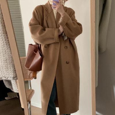 Women Winter Woolen Coat Thickened Double-breasted Long Style Solid Color Long Sleeve Loose