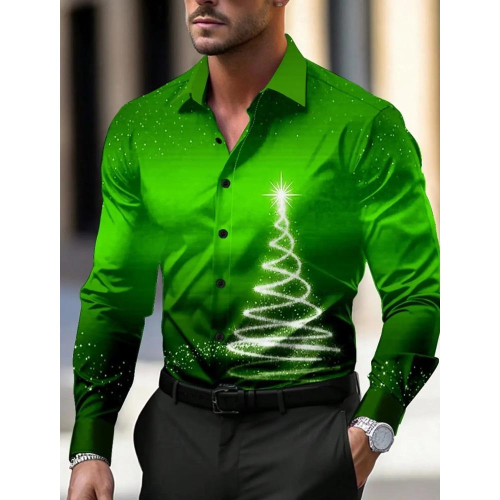 Temă de Crăciun Cămăși pentru bărbați cu imprimeu de brazi de Crăciun, grafică gradient fulg de zăpadă, cu nasturi, cu mâneci lungi, topuri la modă, subțiri