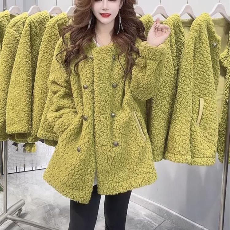 2025 Autumn/Winter Faux Lambswool Korean Double-Breasted Mid-Length Women's Fashion Coat