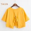 Zomer Crop T-shirt V-hals Korte Mouw Achterkant Hol Vetersluiting T-shirt Effen Kleur Losse Pasvorm Pullover Tops Streetwear