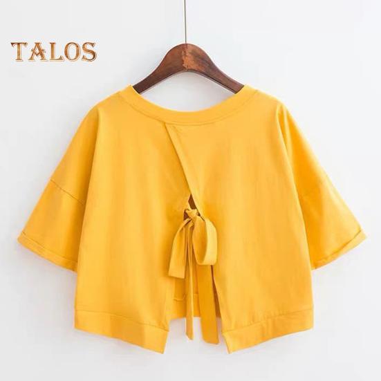 Letnia krótka koszulka z dekoltem w kształcie litery V z krótkim rękawem z wycięciem na plecach sznurowana koszulka jednokolorowa luźny krój pulowerowe topy Streetwear