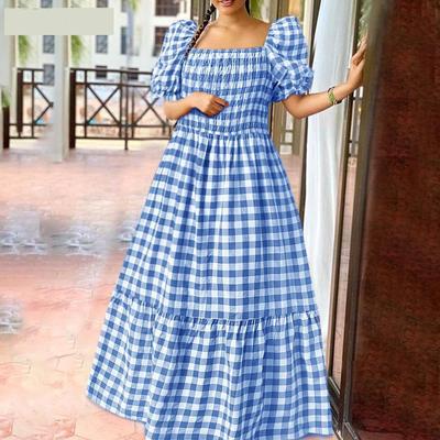 Tamanho Grande Verão Feminino Manga Bufante Estampa Xadrez Ombro Caído Vestido Longo Plissado Vestido de Verão