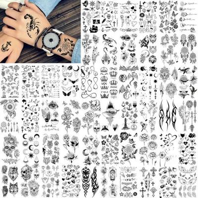 15 Sheets Fanrui Tiny Branch Black Flower Temporary Bouquet Small Tattoo Kit Sticker, Triangle/Stars/Letters