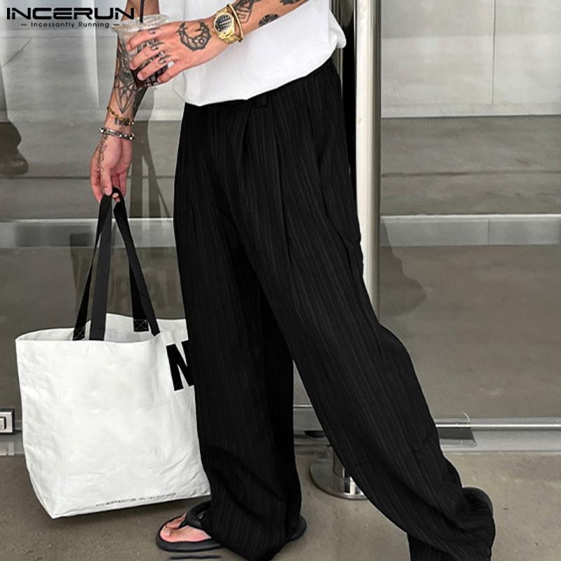 INCERUN Men Spring Zipper Up High Waist Texture Trousers Casual Button Straight Pants