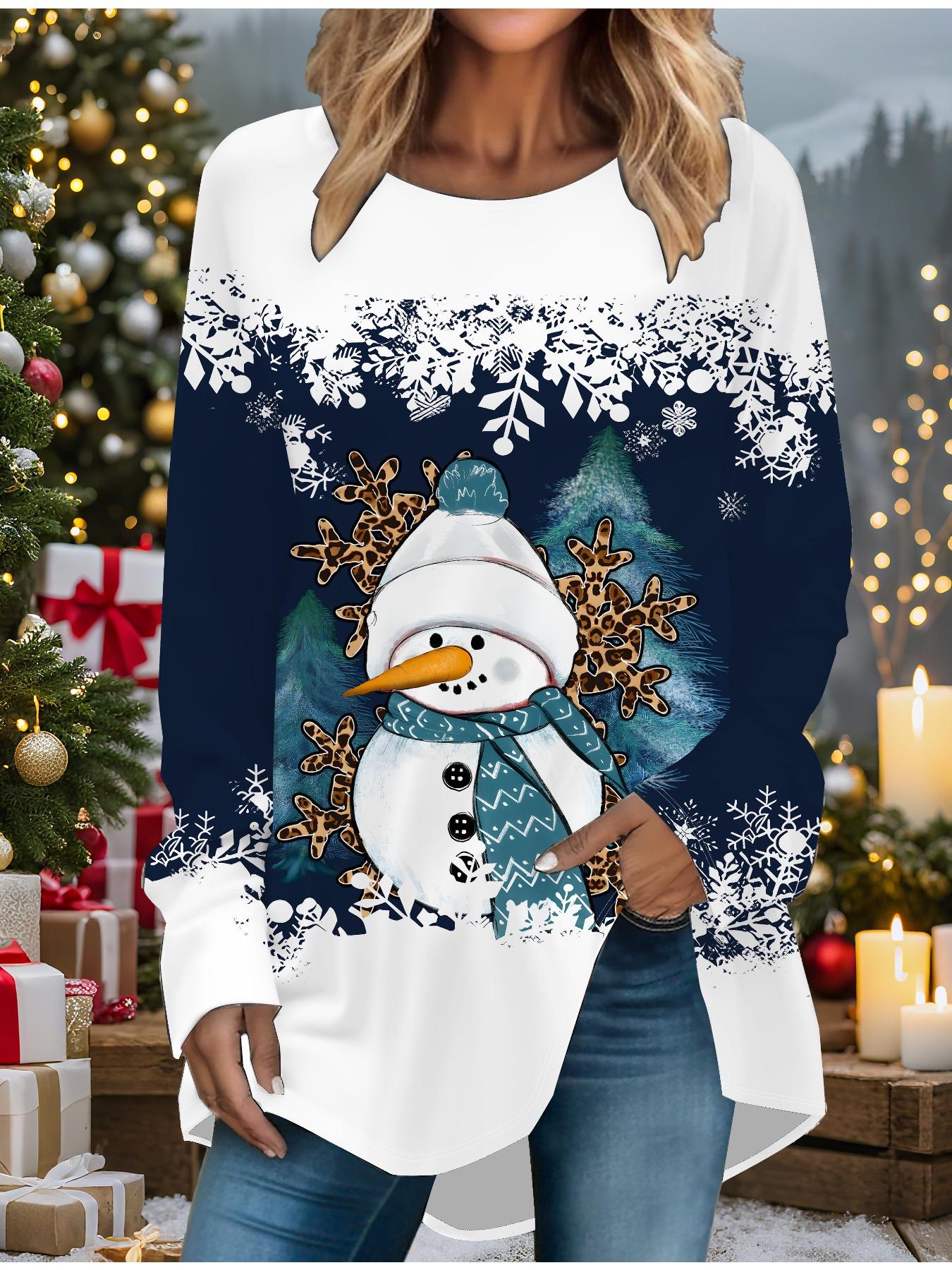 

Женская футболка больших размеров с принтом снеговика на весну и Рождество, удобная, с длинным рукавом, круглым вырезом, повседневная, свободного кроя, средней длины, топы 8XL синий