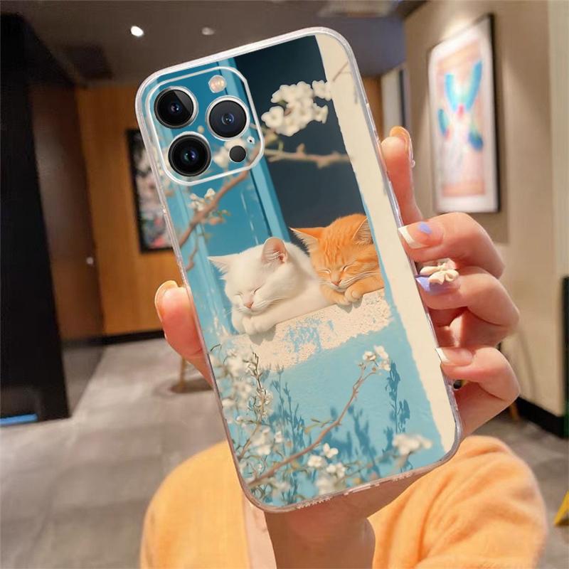 Phone Case For iPhone 17 Pro Max Air 16 15 14 13 Pro Max 15 16 Pro 15Plus Flower Cat Silicone Cover