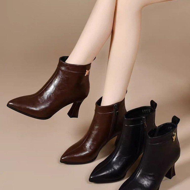 Autumn and winter new thin heel soft sole medium heel single boots pointed high heels short boots hand-scratched fashion boots