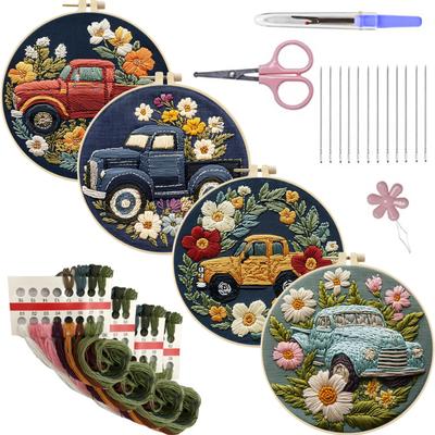 4 Pack Embroidery Starter Kit with Embroidery Hoop Needles Threads Instruction Embroidery Kit Cross Stitch Set for Beginners
