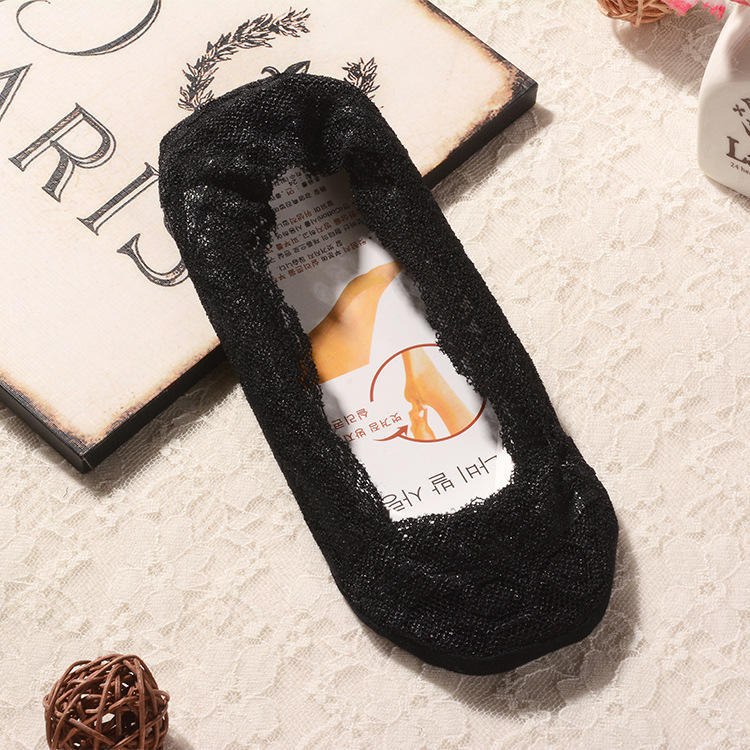 Женские модные невидимые нескользящие кружевные короткие хлопковые носки до щиколотки чёрный