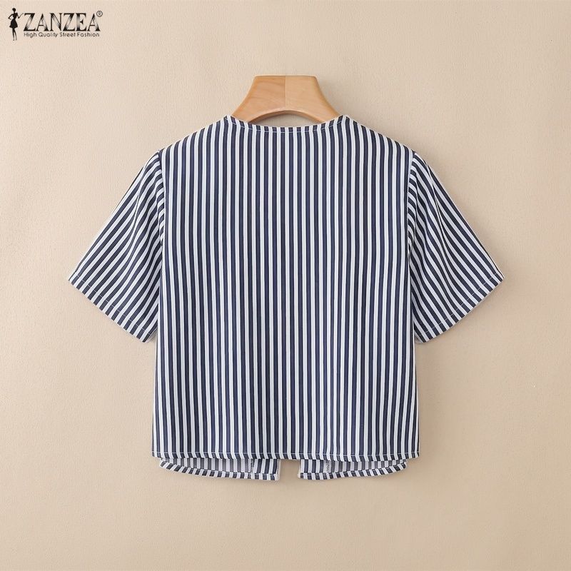 ZANZEA Women Lace-Up V-Neck Casual Short Sleeve Stripe Cardigan Blouse