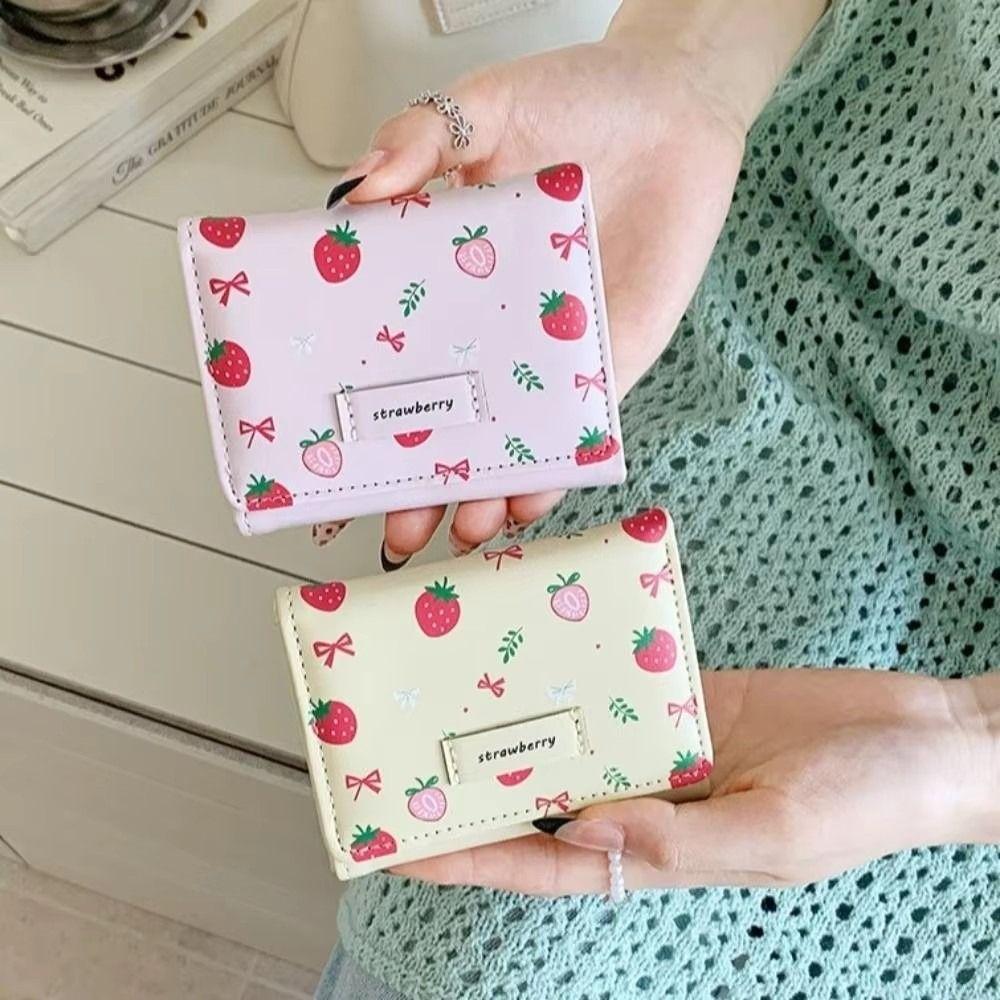 Strawberry PU Leather Wallet Printing Card Holder Portable Tri-fold Wallet  Girl