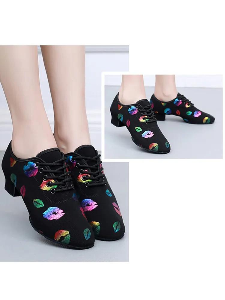 Colorful Oxford Cloth Dance Shoes Colorful Lip Print Women's High Heel Latin Dance Shoes Belly Dance Training Shoes