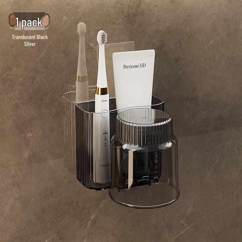 Punch-Free Wall-Mounted Bathroom Set: Toothbrush Holder & Mouthwash Cup Storage Rack