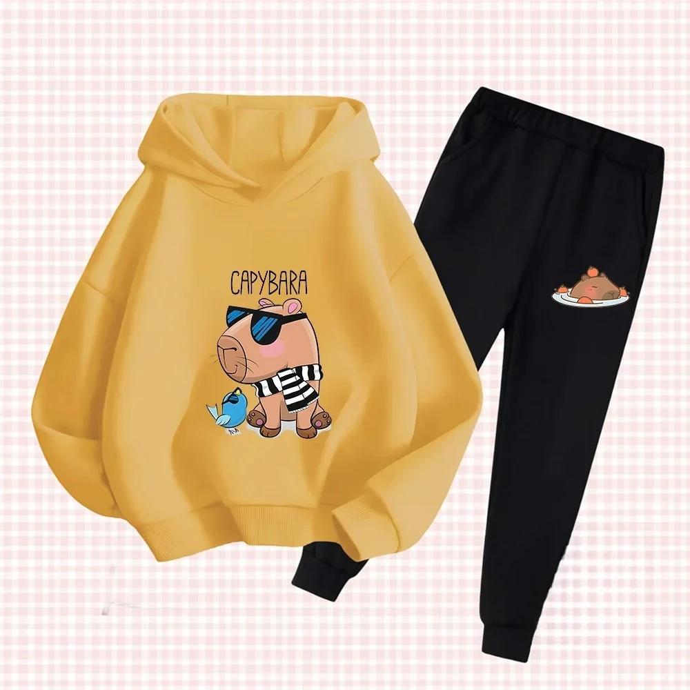 Autumn Winter New Capybara Cartoon Print Outfit Kids Hoodie Set Boys Girls 3-17 Casual Fashion Children's Set Trousers Pant Suit