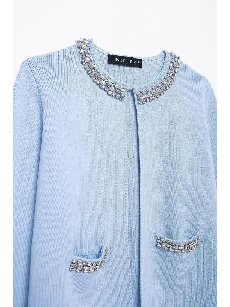 Autumn/Winter Rhinestone Knitted Cardigan & Skirt Set for Women - European & American Style