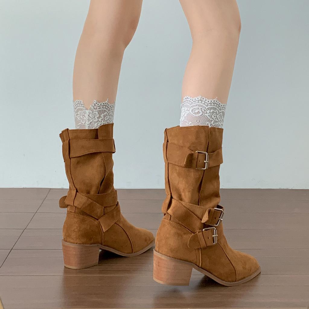 Retro brown British thick heel boots children's medium boots 2025 new autumn skirt height-increasing and thin knight boots