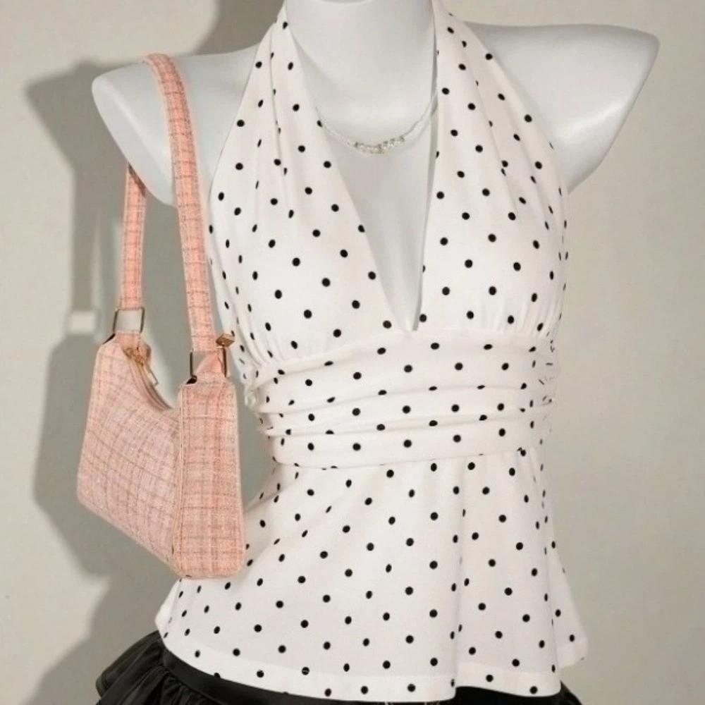 Deep V Neck Lace-up Dots Camisole Pleated Halter Ruffle Vest Ins Style Women Crop Top Girl