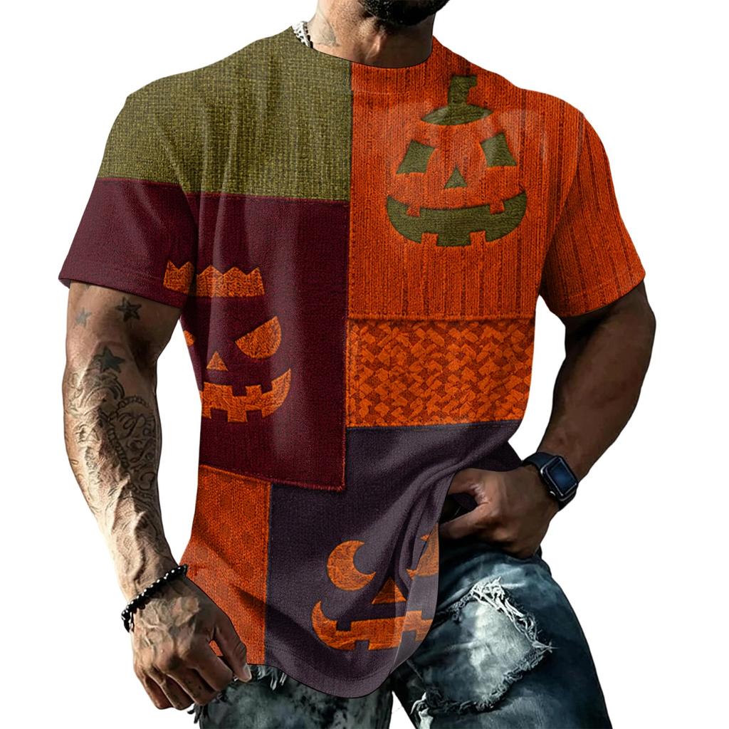 Loose Fit Casual Short Sleeve T Shirt Halloween Patchwork Stitch Print Top for Men and Women Unisex Comfortable Everyday Wear